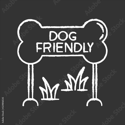 Dog friendly zone chalk white icon on black background. Puppy allowed park and square mark. Domestic animals permitted territory, lawn and garden. Isolated vector chalkboard illustration
