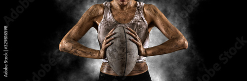 Handsome woman rugby player. Sports banner