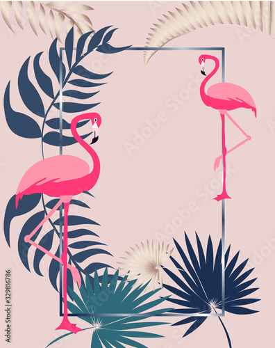Pink flamingo greeting card with leaves and rectangle frame