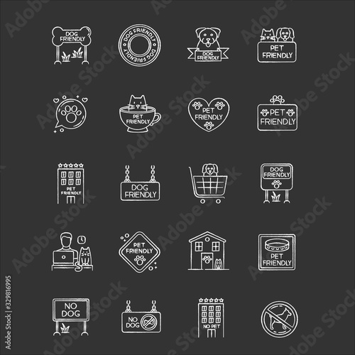 Dog friendly and no pet signs chalk white icons set on black background. Cats and dogs allowed and banned areas. Animals welcome and not allowed zones. Isolated vector chalkboard illustrations