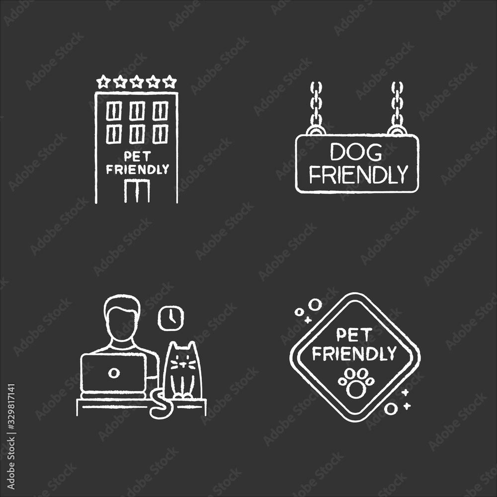 Pet friendly companies chalk white icons set on black background. Four-legged friends allowed hotels and offices. Animals welcome, cats and dogs permitted. Isolated vector chalkboard illustrations