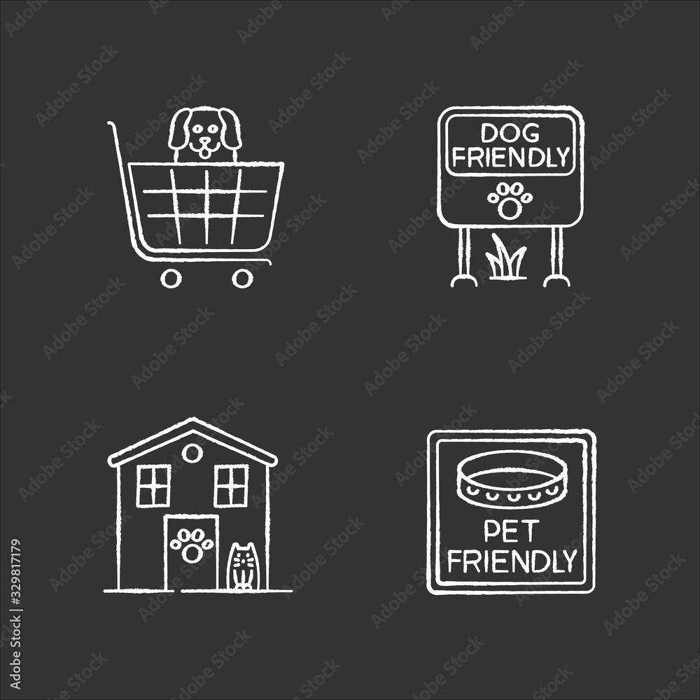 Pet friendly areas chalk white icons set on black background. Four-legged friends welcome shops and houses. Domestic animals allowed parks and supermarkets. Isolated vector chalkboard illustrations