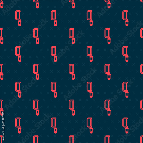 Red line Hacksaw icon isolated seamless pattern on black background. Metal saw for wood and metal. Vector Illustration