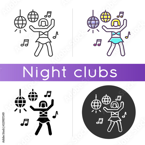 Go go dancer icon. Linear black and RGB color styles. Trendy night club recreation, rave party. Entertainment venue performer. Young clubber dancing on nightclub stage isolated vector illustrations