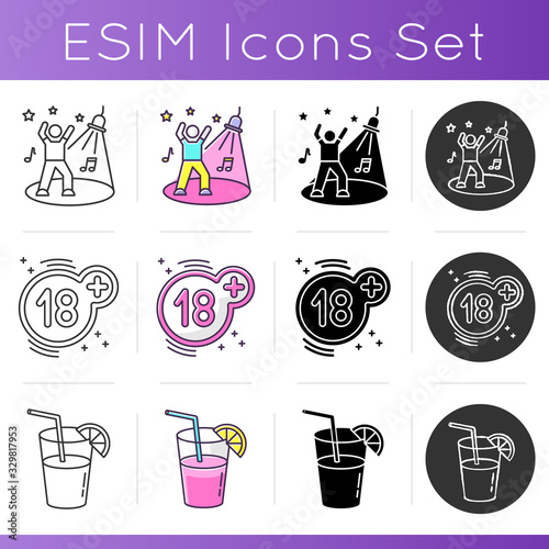 Night club entertainment icons set. Linear, black and RGB color styles. Adult recreation, late night party at nightclub. Discotheque, 18 psus sign and long drink isolated vector illustrations