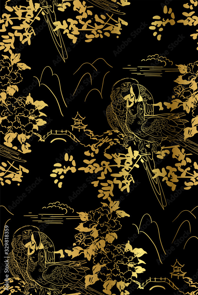 Foto auf Acrylglas mit papagei vogel tempel berg rose blume natur landschaft ansicht vektor skizze illustration japanisch chinesisch orientalisch linie kunst tinte nahtloses muster #329818359