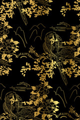 Handdoek met foto Zwart goud patronen Oosterse natuurillustratie papegaai en tempel  © CharlieNati