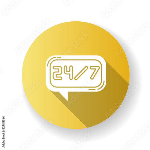 24 7 hour online chat yellow flat design long shadow glyph icon. Twenty four seven hours call center. Everyday helpline. Always available helpdesk. Silhouette RGB color illustration