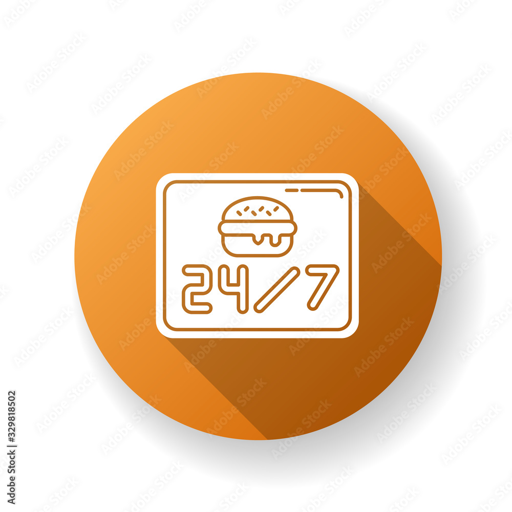 24 7 open burger joint orange flat design long shadow glyph icon. Twenty four seven cantine. Everyday eatery menu. 24 hrs fast food. Around the clock working hours. Silhouette RGB color illustration 24 7 open burger joint orange flat design long shadow glyph icon. Twenty four seven cantine. Everyday eatery menu. 24 hrs fast food. Around the clock working hours. Silhouette RGB color illustration