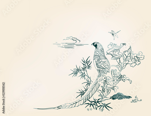 pheasant bamboo flower nature landscape view vector sketch illustration japanese chinese oriental line art ink card background