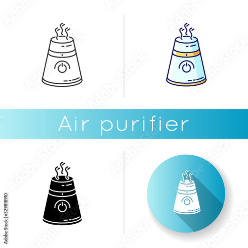 Ultrasonic air purifier icon. Domestic ionizer, silent mode device, water evaporator, health care household appliance. Linear black and RGB color styles. Isolated vector illustrations