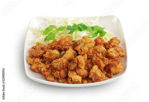 Close up deep fried chicken tendons with Fish Sauce isolated on white background with clipping path.