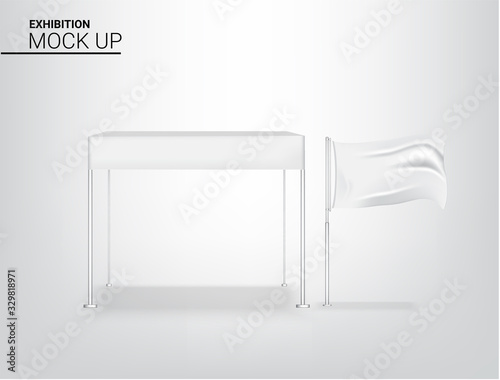 3D Mock up Realistic Tent marquee Display POP Booth for Shop Sale Marketing Promotion Exhibition with Metallic and Flag Template Background Illustration. Advertising Concept Design.
