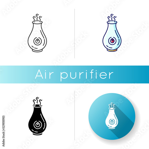 Air filter icon. Ultrasonic humidifying appliance, domestic air purifier, home ionizer. Premises climate regulation device. Linear black and RGB color styles. Isolated vector illustrations