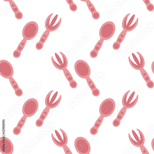 Child seamless background with pink fork and spoon on light background. Plastic Cutlery for the baby. Children's dining room , cafe. Flat vector illustration