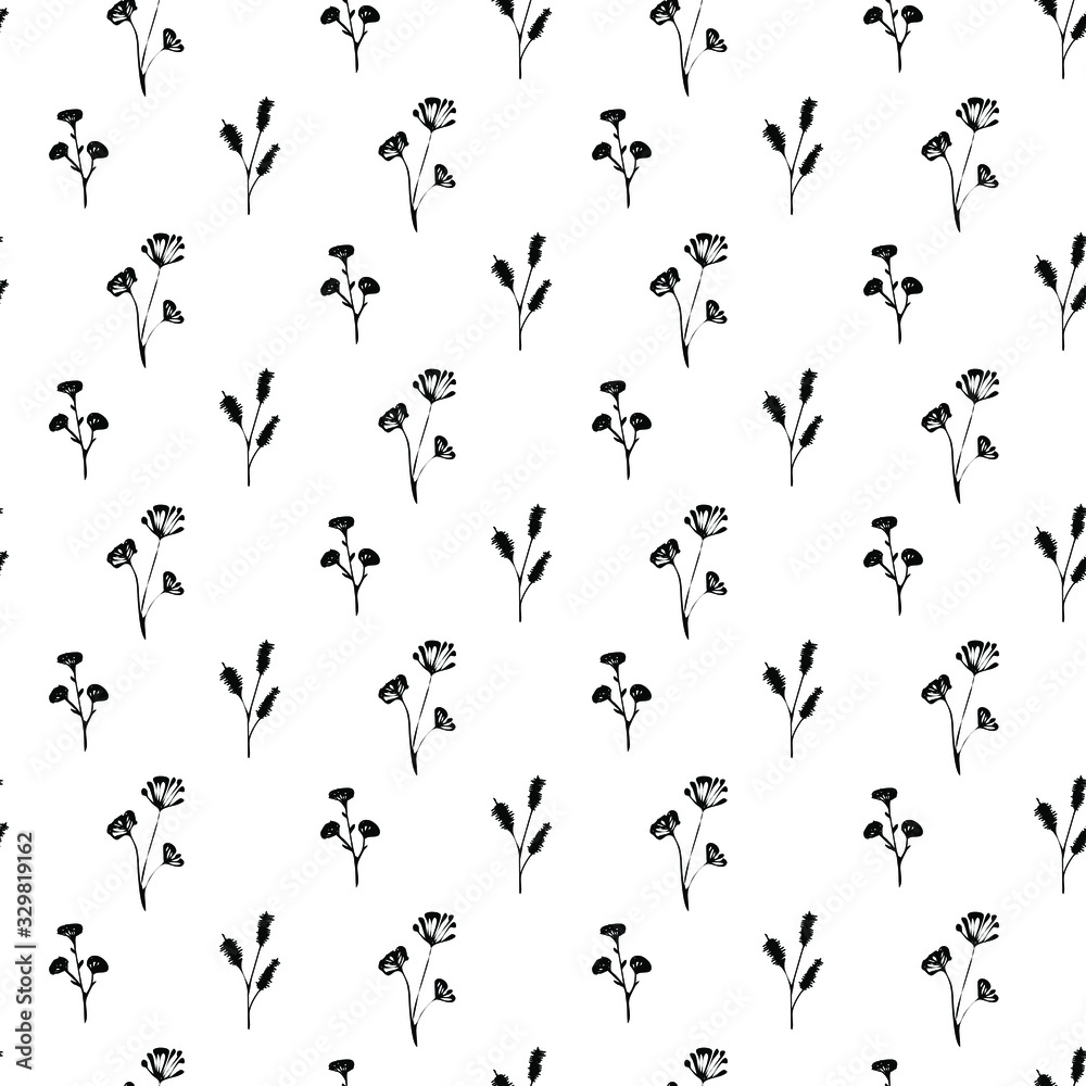 Vector floral seamless pattern. Background with outline hand drawn flowers. Design concept for fabric design, textile print, wrapping paper or web backgrounds.