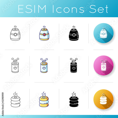 Air purifiers, humidifiers, aromatherapy devices icons set. Domestic respiratory equipment, ionizing machines, humidity regulators. Linear, black and RGB color styles. Isolated vector illustrations