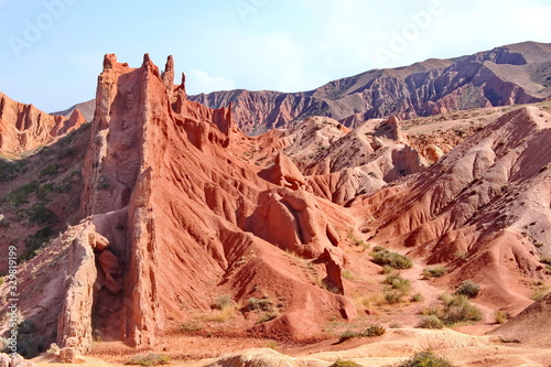red cliffs in the canyon fairy tale, lake issycula, Kyrgyzia