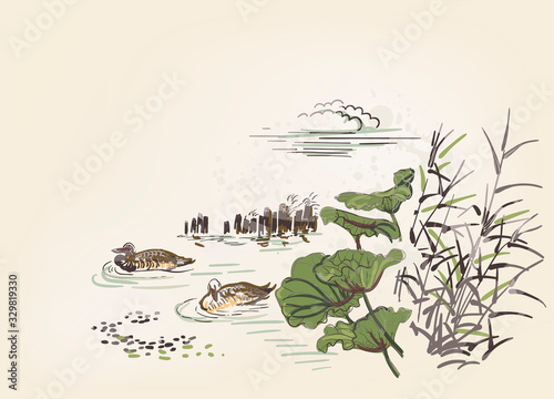 pond ducks burdock nature landscape view vector sketch illustration japanese chinese line art ink card background