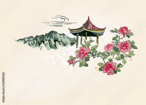 mountain flower blossom arbor nature landscape view vector sketch illustration japanese chinese line art ink card background