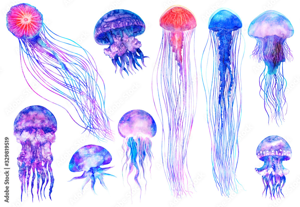 Fototapeta premium Watercolor jellyfish set in modern bright colors isolated on white background underwater vivid illustration in large size Design element in magic style, purple blue violet glow pink fluid colorful