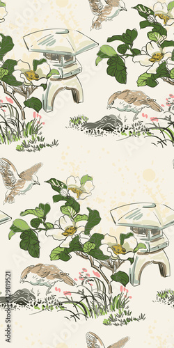 poppy flower toro bird nature landscape view vector sketch illustration japanese chinese ink seamless pattern