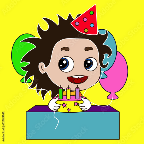 chibi boy in a birthday cap sitting at a table on which stands a cake with candles, smiling and holding colorful balloons in his hands, vector emoticon
