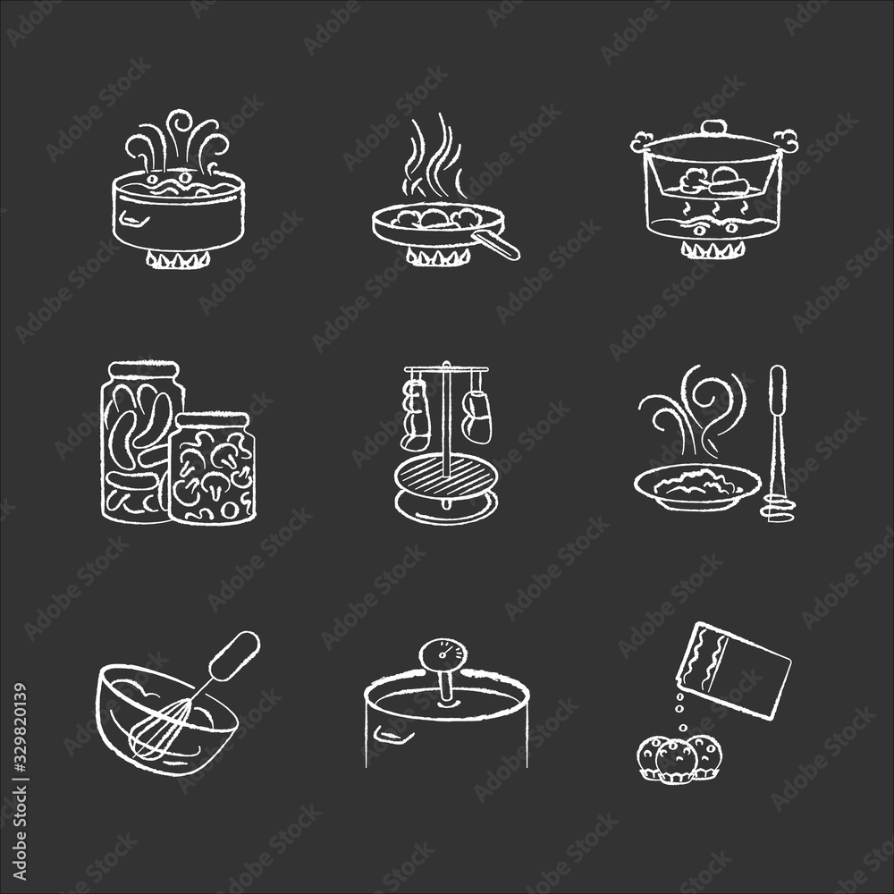 Food preparation chalk white icons set on black background. Different cooking techniques, meal making process. Various ingredients and kitchen utensils isolated vector chalkboard illustrations