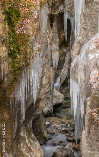 Narrow canyon Mostnica covered in icicle, Bohinj