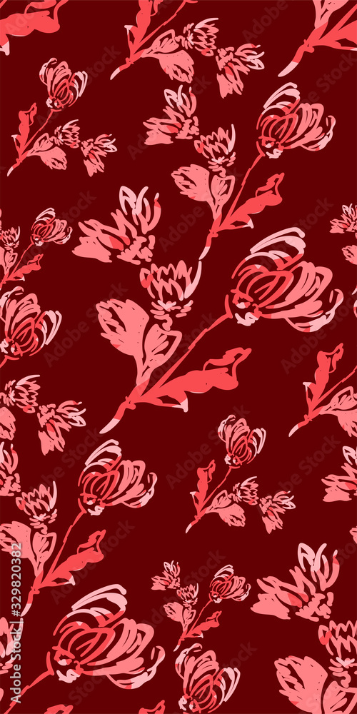 Obraz premium ink flower vector sketch illustration japanese chinese oriental line art seamless pattern