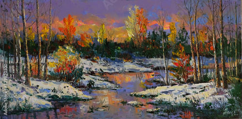 Snow in October. Evening. Oil painting on canvas. Handmade.