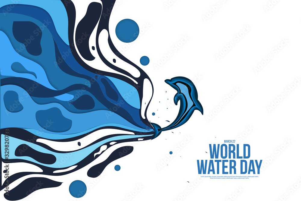 Paper art of water wave sea and dolphin, vector art and illustration.
