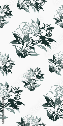 ink flower vector sketch illustration japanese chinese oriental line art seamless pattern