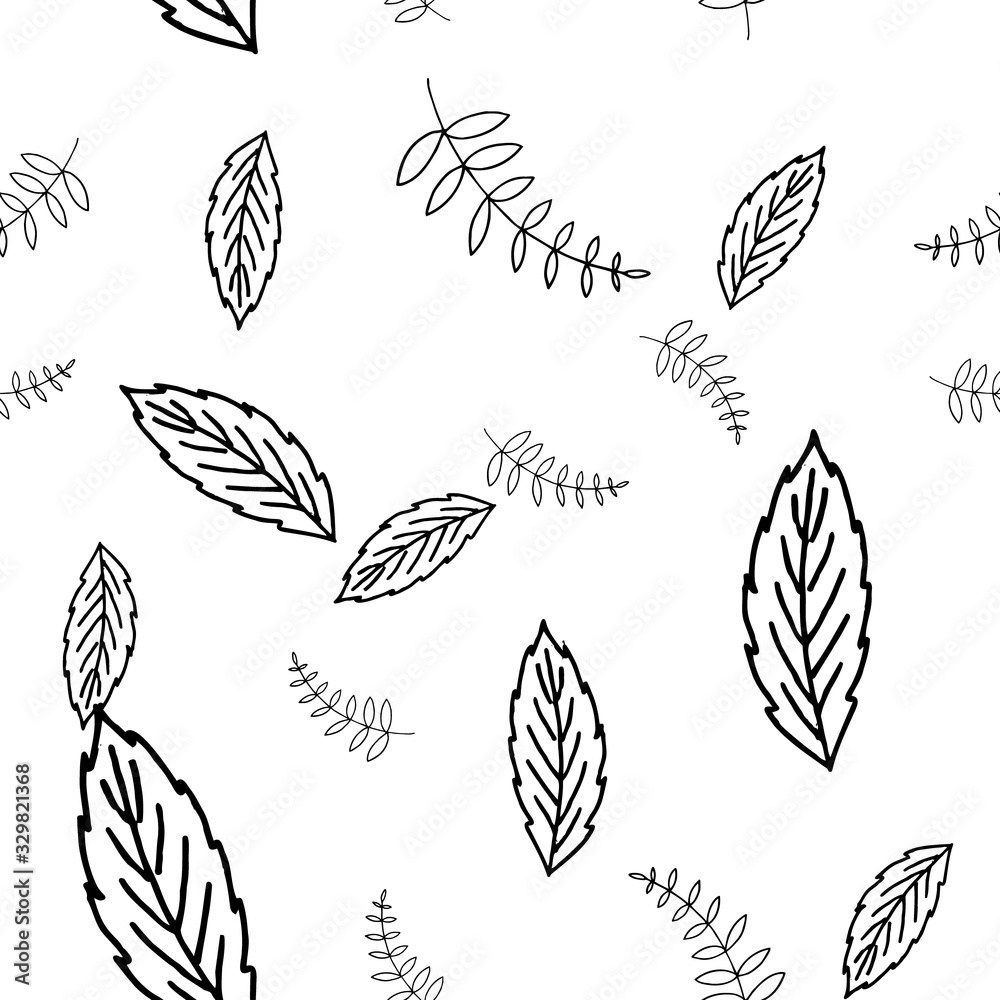 Seamless pattern of elements of leaves and flowers. Hand drawn vector illustration in doodle style. Elements for greeting cards, posters, stickers and seasonal design.