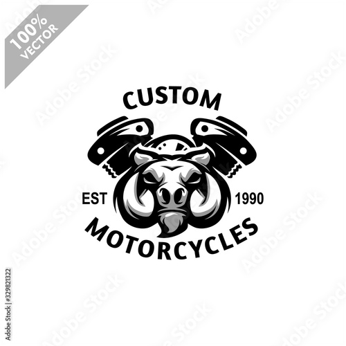 Warthog Wild Boar head auto repair and custom Garage Vintage style logo. Design element for company logo, label, emblem, sign, apparel or other merchandise. Scalable and editable Vector illustration.