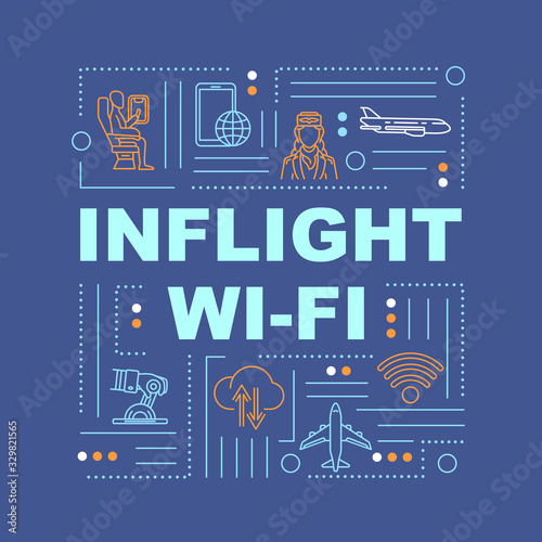 Inflight Wi-fi, Internet in plane word concepts banner. Roamer, passenger service. Infographics with linear icons on blue background. Isolated typography. Vector outline RGB color illustration