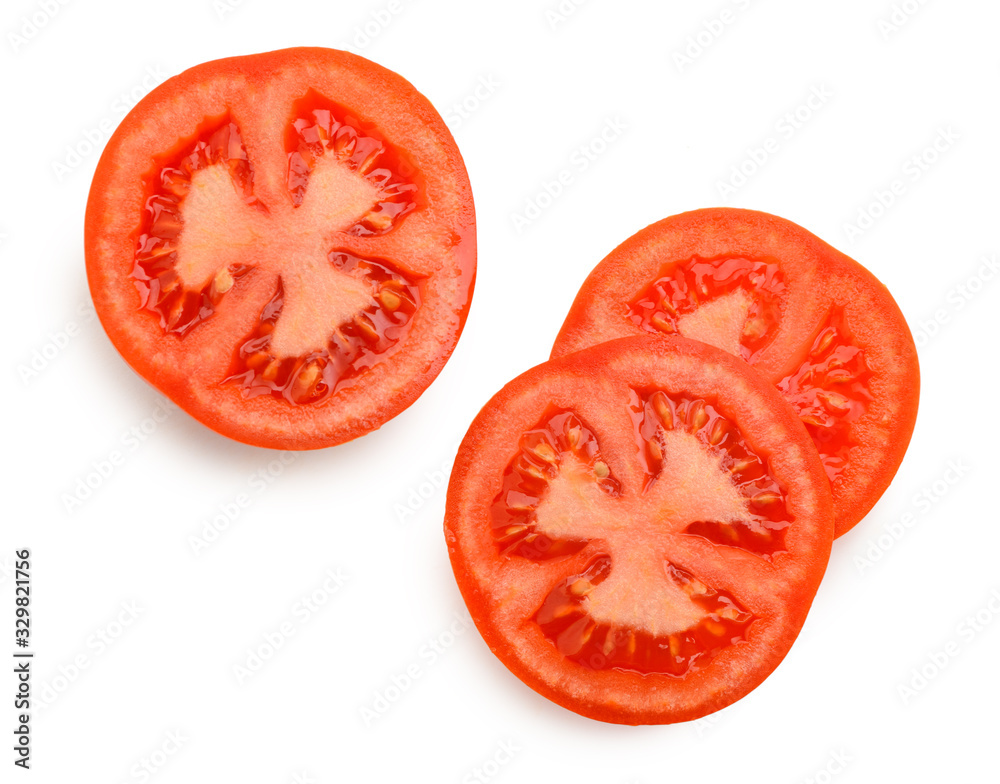 Tomato slices on white background. Fresh and juicy red vegetable Tomato slices on white background. Fresh and juicy red vegetable