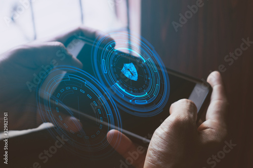 businessman hand finger touch on screen smartphone device for connecting to social network bandwidth internet digital big data safety security cloud storage ai