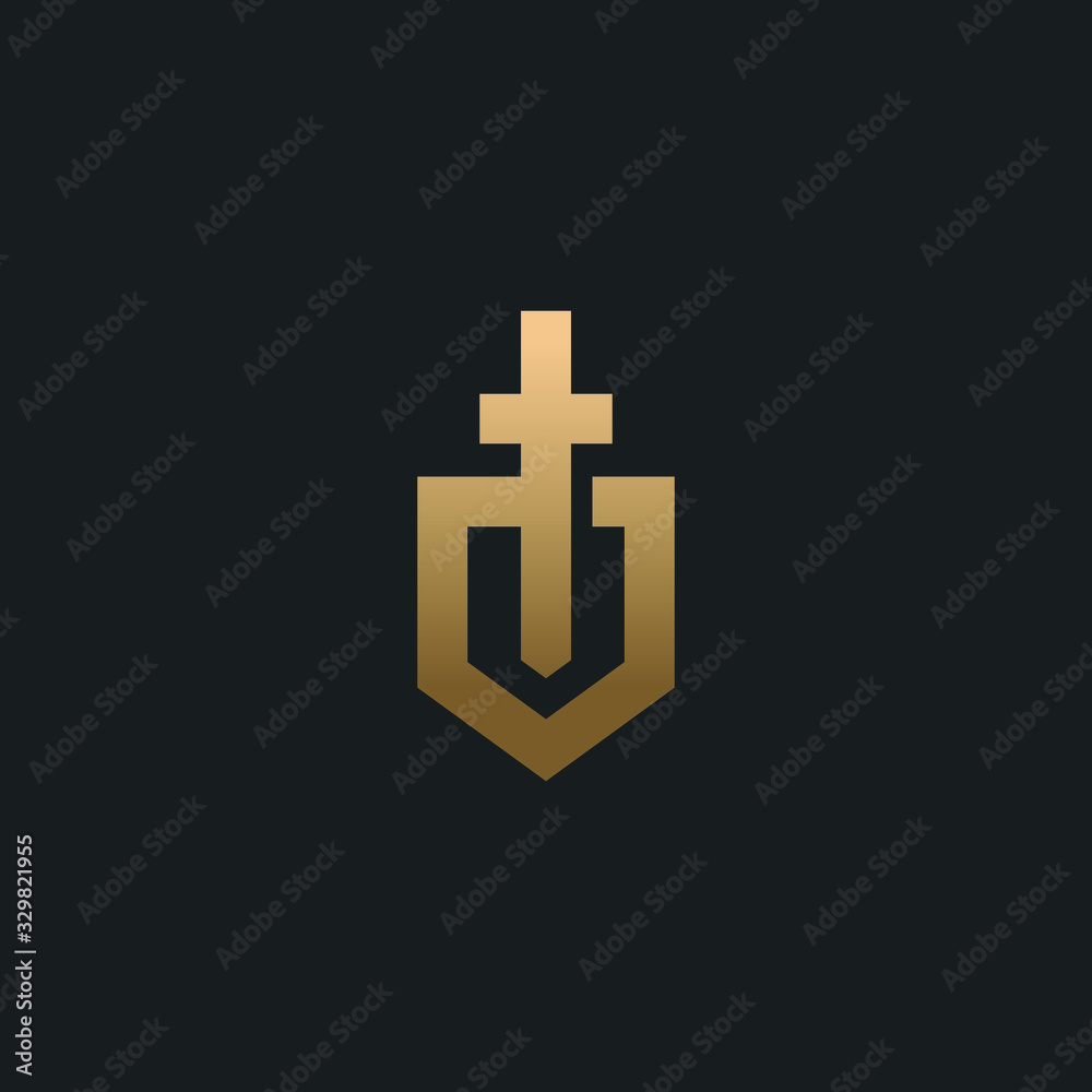 Obraz premium Shield and sword logo icon design template. Business symbol or sign. Line luxury logotype. Vector illustration