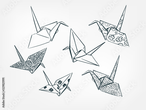 paper crane set collection japanese chinese oriental vector ink style design elements illustration photo