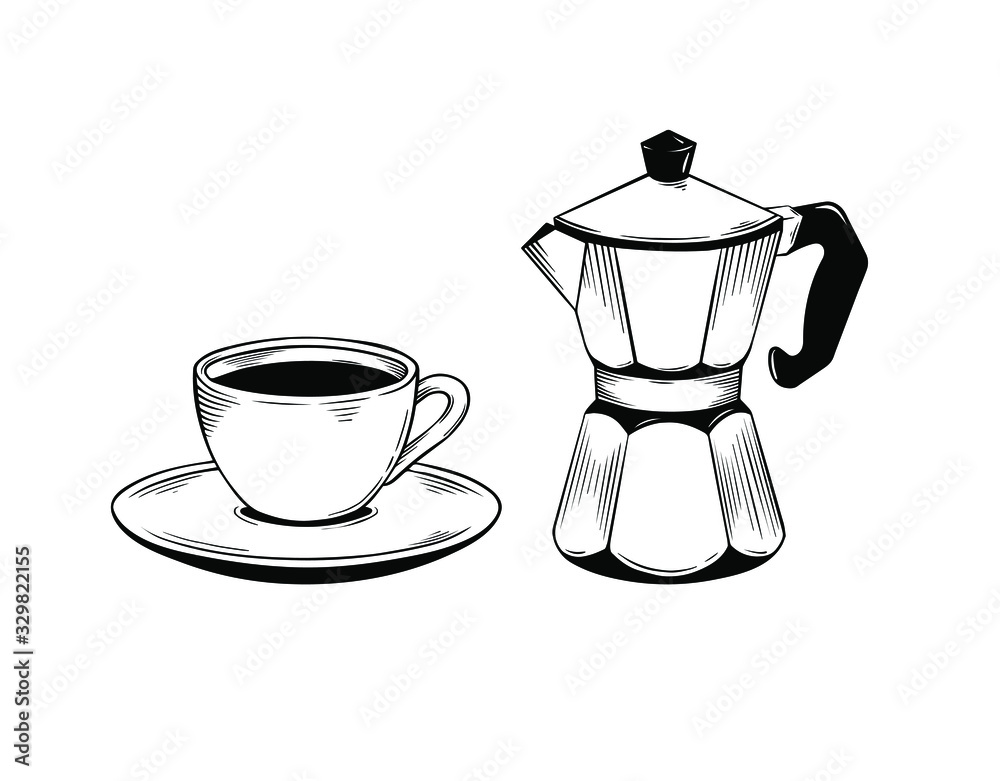 coffee set, mocha pot and coffee cup, ink style, graphic or sketch style hand-drawn vector illustration. coffee set, mocha pot and coffee cup, ink style, graphic or sketch style hand-drawn vector illustration.