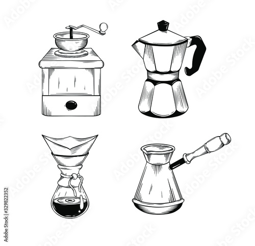 coffee set. Grinder, filter with glass for, method pour over, drip coffee, mocha pot, paper cup, turk, ink style, graphic or sketch  style hand-drawn vector illustration.