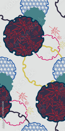 snowflake maple leaves symbol circle ornamental oriental japanese chinese vector design seamless pattern