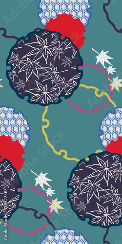 snowflake maple leaves symbol circle ornamental oriental japanese chinese vector design seamless pattern
