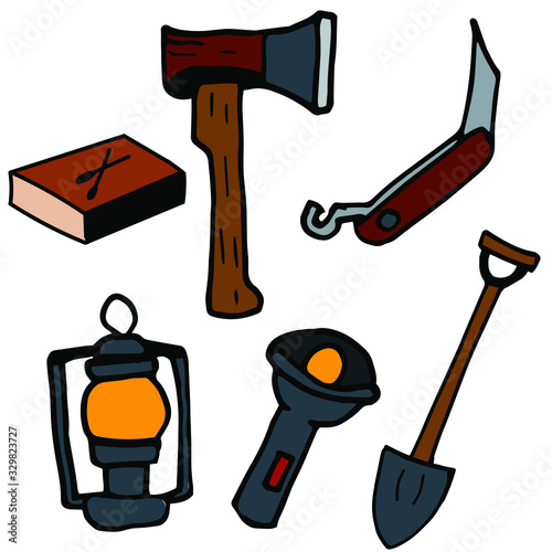 Camping icon set. Tourist equipment, items for fishing. Outdoor activity. Summer recreation. Flat vector design