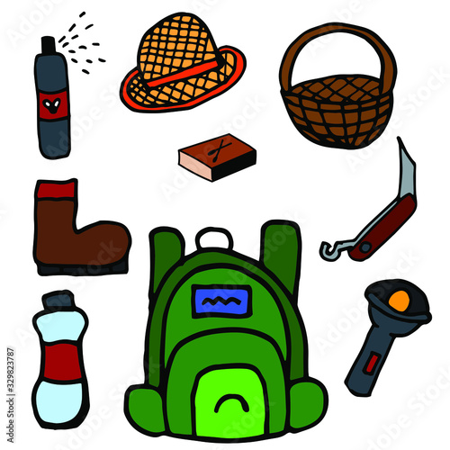 Camping icon set. Tourist equipment, items for fishing. Outdoor activity. Summer recreation. Flat vector design