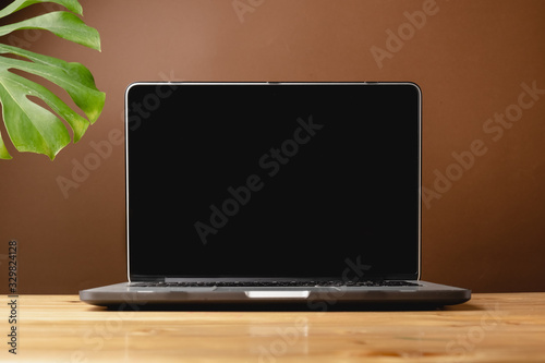 Front view of blank screen laptop on wooden table with exotic tropical leaf monstera on pastel brown background in minimal style. Outsourcing business, work concept.