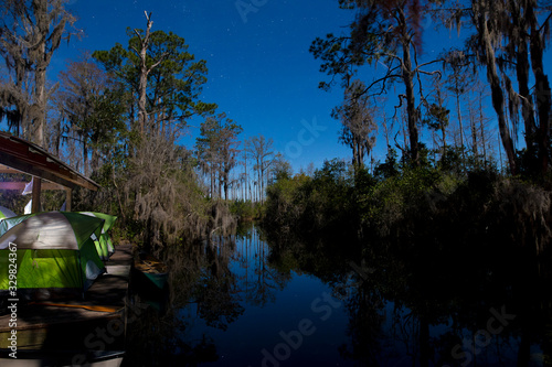 Campsite for canoe camping at night in the Okefenokee Swamp of Georgia, USA. photo