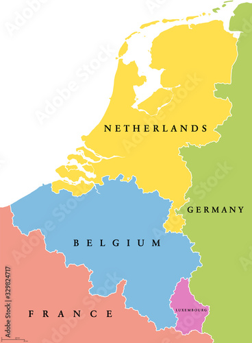 Benelux single states political map. Region formed by the countries Belgium, Netherlands and Luxembourg. The name Benelux comes from the first letters of the countries. Illustration over white. Vector