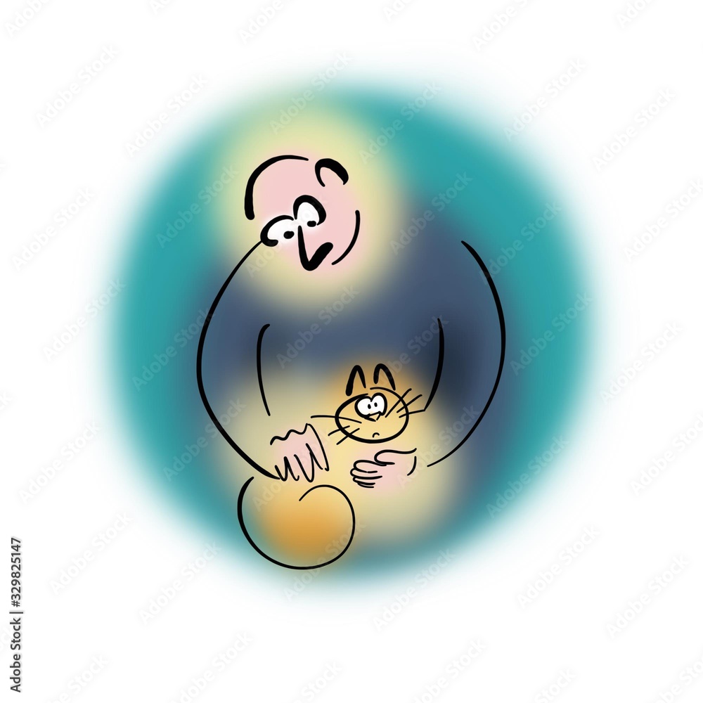 Fototapeta premium Glowing man holds glowing cat